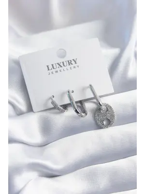 Pirinç Gümüş Renk Zirkon Taşlı 3lü Kadın Küpe Seti