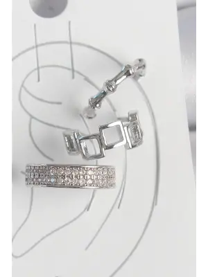 Pirinç Gümüş Renk Zirkon Taşlı 3Lü Model Kare Bambu Model Kadın Kıkırdak Küpe