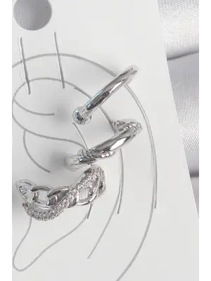 Pirinç Gümüş Renk Zirkon Taşlı 3Lü Model Sonsuzluk Zincir Model Kıkırdak Küpe