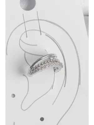 Pirinç Gümüş Renk Zirkon Taşlı 3Lü Sıralı Kadın Kıkırdak Küpe