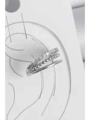 Pirinç Gümüş Renk Zirkon Taşlı 3Lü Sıralı Model Kadın Kıkırdak Küpe