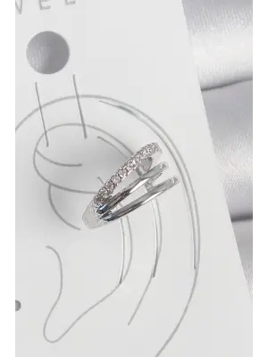 Pirinç Gümüş Renk Zirkon Taşlı 3Lü Sıralı Model Kadın Kıkırdak Küpe