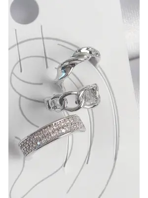 Pirinç Gümüş Renk Zirkon Taşlı 3Lü Zincir Sarmal Model Kadın Kıkırdak Küpe