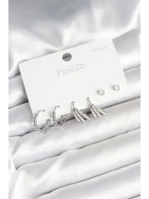 Pirinç Gümüş Renk Zirkon Taşlı 925 Gümüş Çivili Kadın Küpe Seti