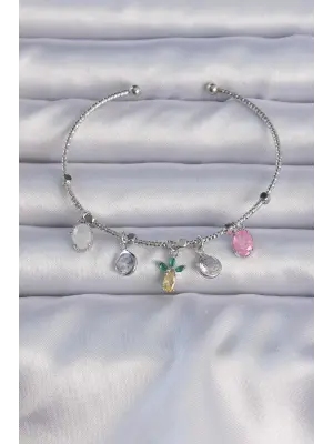 Pirinç Gümüş Renk Zirkon Taşlı Ananas Figürlü Charm Bileklik