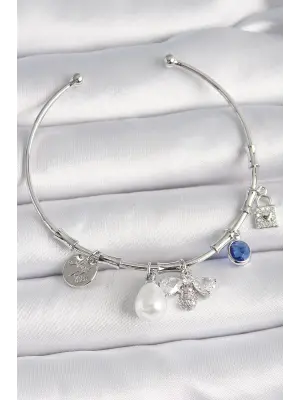 Pirinç Gümüş Renk Zirkon Taşlı Arı Figür İnci Detay Charm Kadın Bileklik