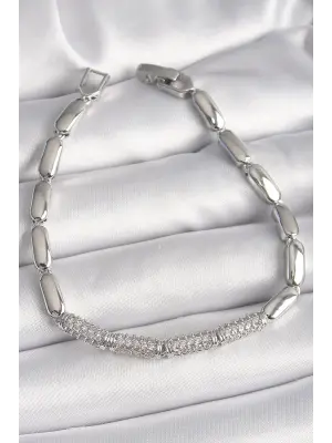Pirinç Gümüş Renk Zirkon Taşlı Arpa Zincir Model Kadın Bileklik
