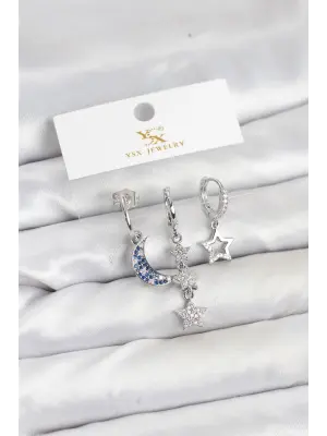 Çelik Gümüş Renk Zirkon Taşlı Ay ve Yıldız Model YSX Trio Küpe Seti