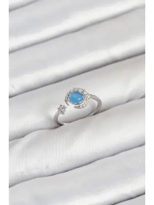 Pirinç Gümüş Renk Zirkon Taşlı Ay Yıldız Kadın Yüzük