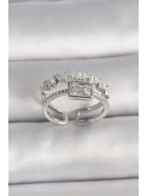  Gümüş Zirkon Taşlı Ayarlanabilir Çelik Yüzük