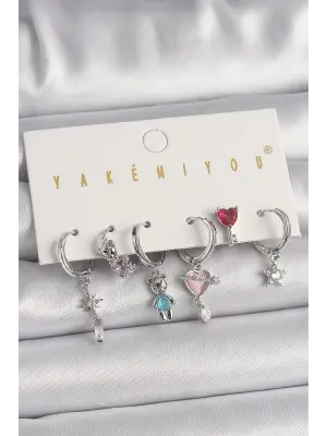  Gümüş Zirkon Taşlı Ayıcık Figürlü Yıldız Detaylı VIP Seri Çelik Küpe Kombini