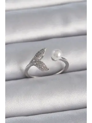  Gümüş Zirkon Taşlı Balık Kuyruğu İncili Ayarlanabilir Model Çelik Yüzük