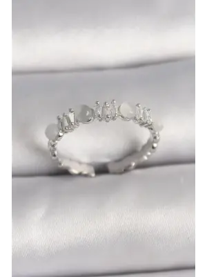  Gümüş Zirkon Taşlı Beyaz Mineli Ayarlanabilir Yüzük