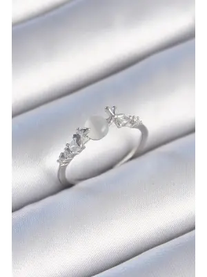  Gümüş Zirkon Taşlı Beyaz Mineli Kelebek Detay Çelik Yüzük