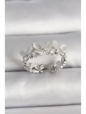  Gümüş Zirkon Taşlı Beyaz Mineli Kelebek Model Ayarlanabilir Yüzük