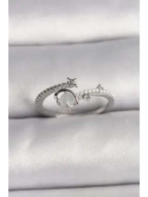  Gümüş Zirkon Taşlı Beyaz Mineli Yıldız Detay Ayarlanabilir Çelik Yüzük