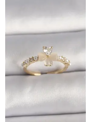  Gümüş Zirkon Taşlı Beyaz Mineli Yonca Model İnci Detay Ayarlanabilir Yüzük