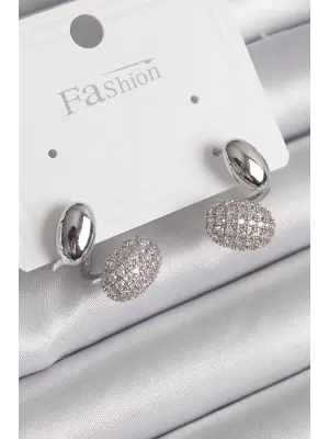  Gümüş Zirkon Taşlı Bombeli Model Çelik Küpe