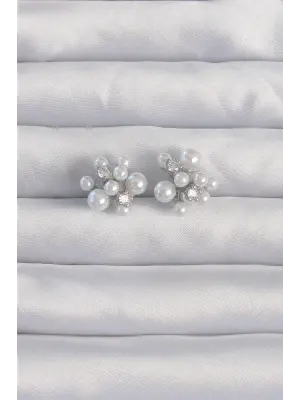  Gümüş Zirkon Taşlı Büyük Küçük İnci Tasarımlı Küpe