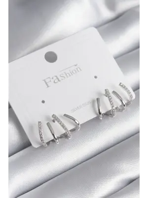  Gümüş Zirkon Taşlı Çatal Model Çelik Küpe