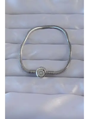Pirinç Gümüş Renk Zirkon Taşlı Charm Bileklik