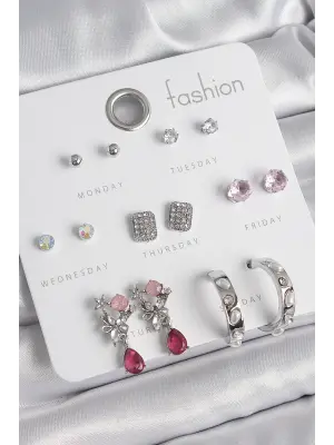 Pirinç Gümüş Renk Zirkon Taşlı Çiçek Figür İncili Halka Detay 7 Çift Kadın Küpe Seti