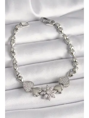 Pirinç Gümüş Renk Zirkon Taşlı Çiçek Figür Kalp Zincir Model Kadın Bileklik