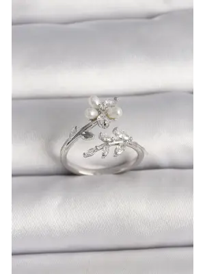  Gümüş Zirkon Taşlı Çiçek Mode İnci Detay Ayarlanabilir Yüzük