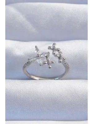  Gümüş Zirkon Taşlı Çiçek Model Ayarlanabilir Yüzük