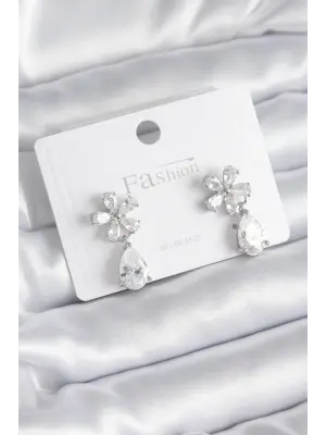 Gümüş Zirkon Taşlı Çiçek Model Damla Model Çelik Küpe