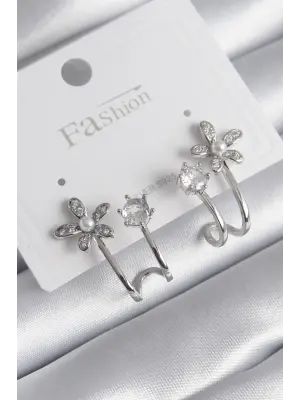  Gümüş Zirkon Taşlı Çiçek Model İnci Detay Çelik Küpe