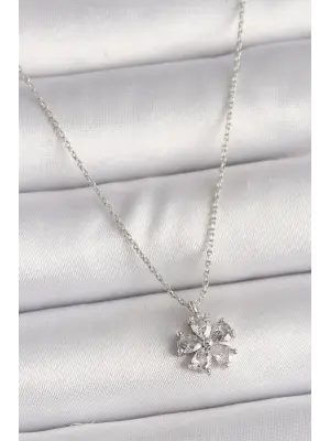 Pirinç Gümüş  Zirkon Taşlı Çiçek Model  Çelik Kolye