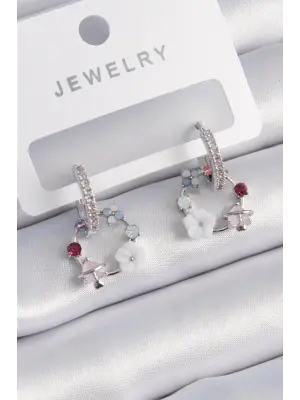  Gümüş Zirkon Taşlı Çiçek Model Çelik Küpe