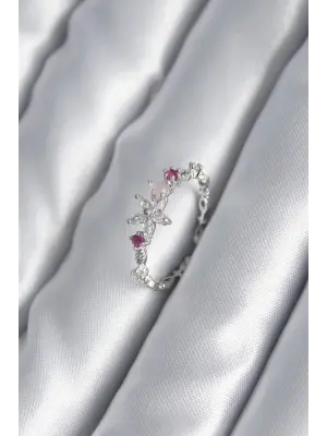 Pirinç Gümüş Renk Zirkon Taşlı Çiçek Model Pembe Zirkon Taş Detay Kadın Yüzük