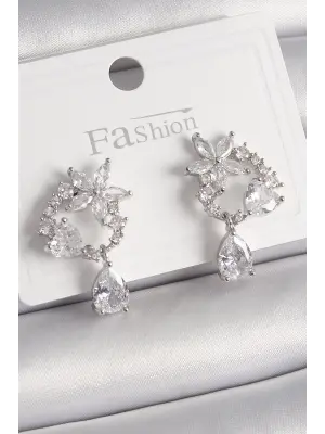 Gümüş Zirkon Taşlı Çiçek Model Sallantı Damla Detay Çelik Küpe