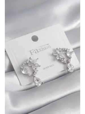  Gümüş Zirkon Taşlı Çiçek Model Sallantı Detay Çelik Küpe