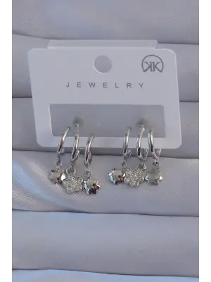  Gümüş Zirkon Taşlı Çiçek Model Yıldızlı Çoklu Görünüm Yarım Halka Küpe