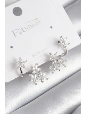  Gümüş Zirkon Taşlı Çiçek Tasarım Çelik Küpe