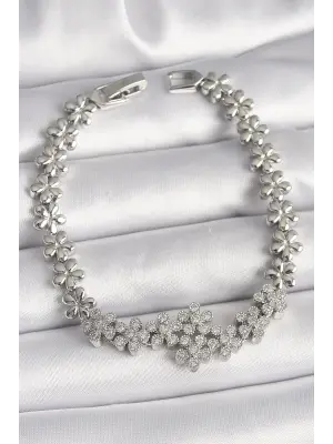 Pirinç Gümüş Renk Zirkon Taşlı Çiçek Zincir Model Kadın Bileklik