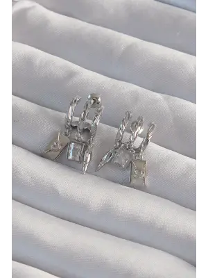  Gümüş Zirkon Taşlı Çoklu Aksesuarlı Yarım Halka Kaburga Küpe