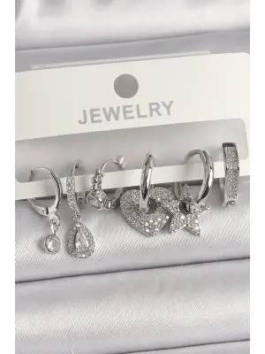  Gümüş Zirkon Taşlı Çoklu Figür Çelik Küpe Seti