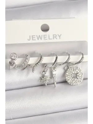  Gümüş Zirkon Taşlı Çoklu Figür Çelik Küpe Seti