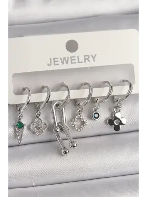  Gümüş Zirkon Taşlı Çoklu Figür Çelik Küpe Seti