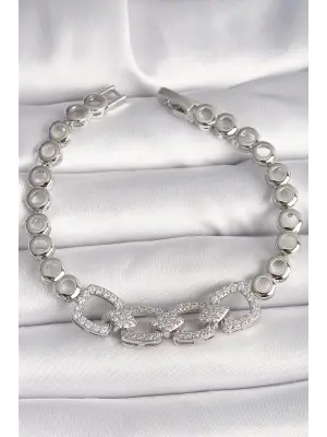 Pirinç Gümüş Renk Zirkon Taşlı Daire Zincir Model Kadın Bileklik