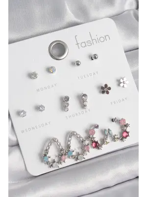 Pirinç Gümüş Renk Zirkon Taşlı Damla Model Çiçek Detay 7 Çift Kadın Küpe Seti