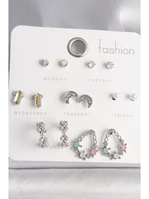  Gümüş Zirkon Taşlı Damla Model Hilal Detay 7 Çift Çelik Küpe Seti