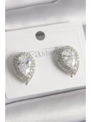  Gümüş Zirkon Taşlı Damla Model Çelik Küpe