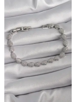 Pirinç Gümüş Renk Zirkon Taşlı Damla Model VIP Seri Kadın Bileklik