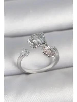 Pirinç Gümüş Renk Zirkon Taşlı Deniz Kabuğu Model Ayarlanabilir Kadın Yüzük