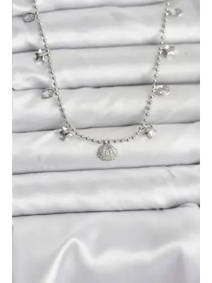 Pirinç Gümüş Renk Zirkon Taşlı Deniz Kabuğu Model Kadın Kolye